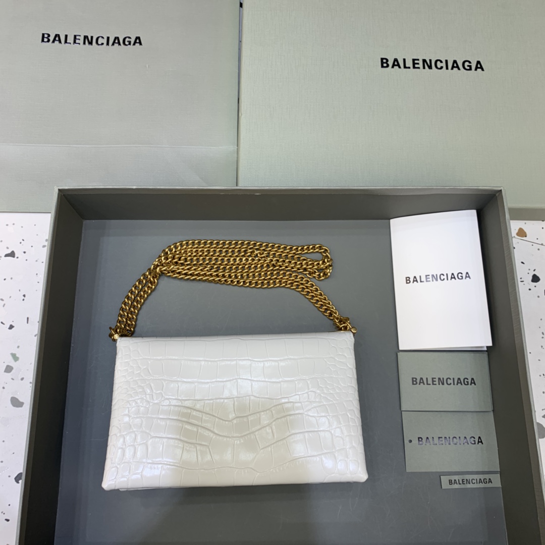 Balenciaga Triplet Small Bag With Chain Crocodile Embossed Calfskin Shouler Bag White